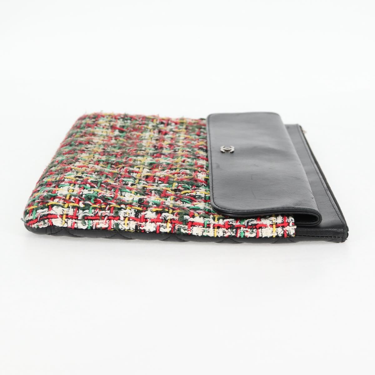 CHANEL Clutch Bag tweed Black Silver CC Auth 127554SAM