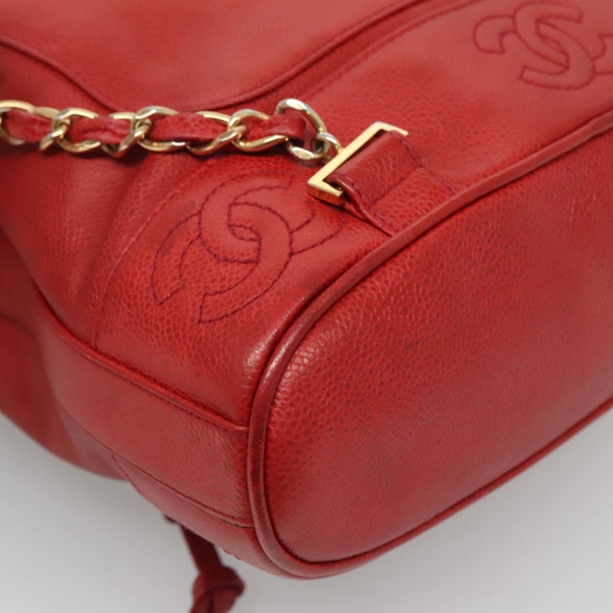 CHANEL Caviar Skin Backpack Caviar Skin Red Gold CC Auth 127574