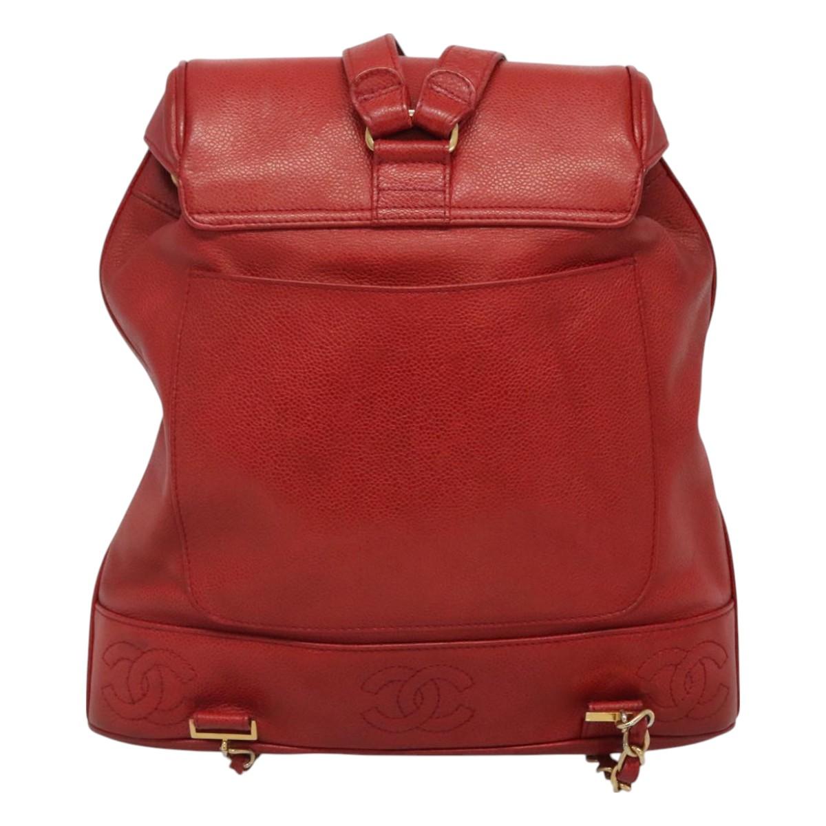 CHANEL Caviar Skin Backpack Caviar Skin Red Gold CC Auth 127574