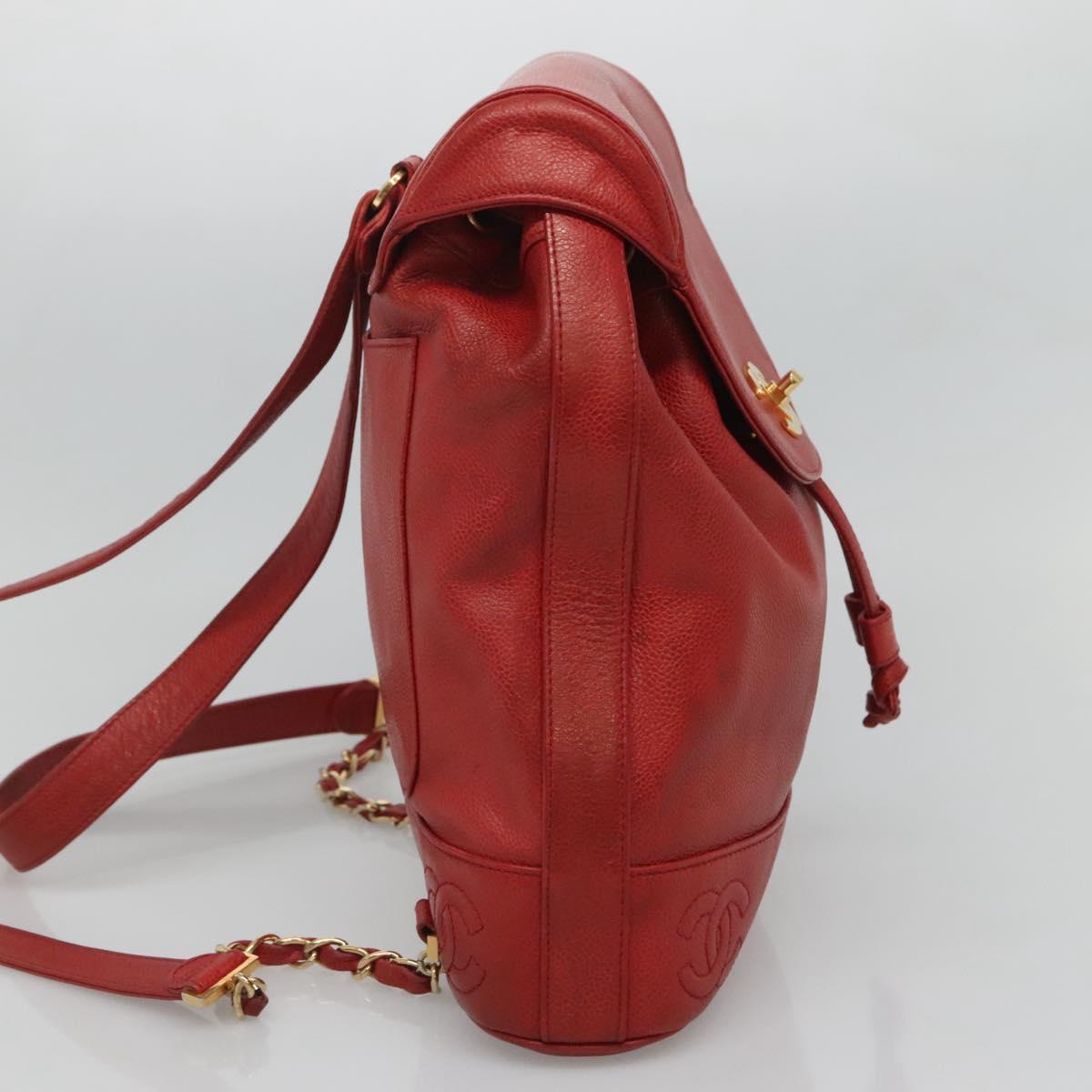 CHANEL Caviar Skin Backpack Caviar Skin Red Gold CC Auth 127574