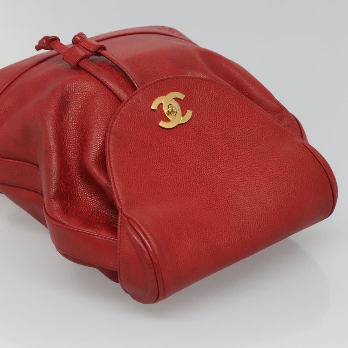 CHANEL Caviar Skin Backpack Caviar Skin Red Gold CC Auth 127574