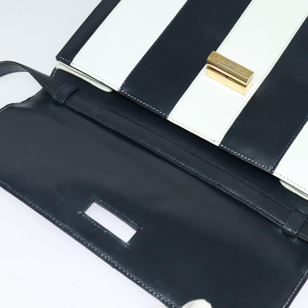 CELINE Shoulder Bag Leather White Navy gold Auth 127598