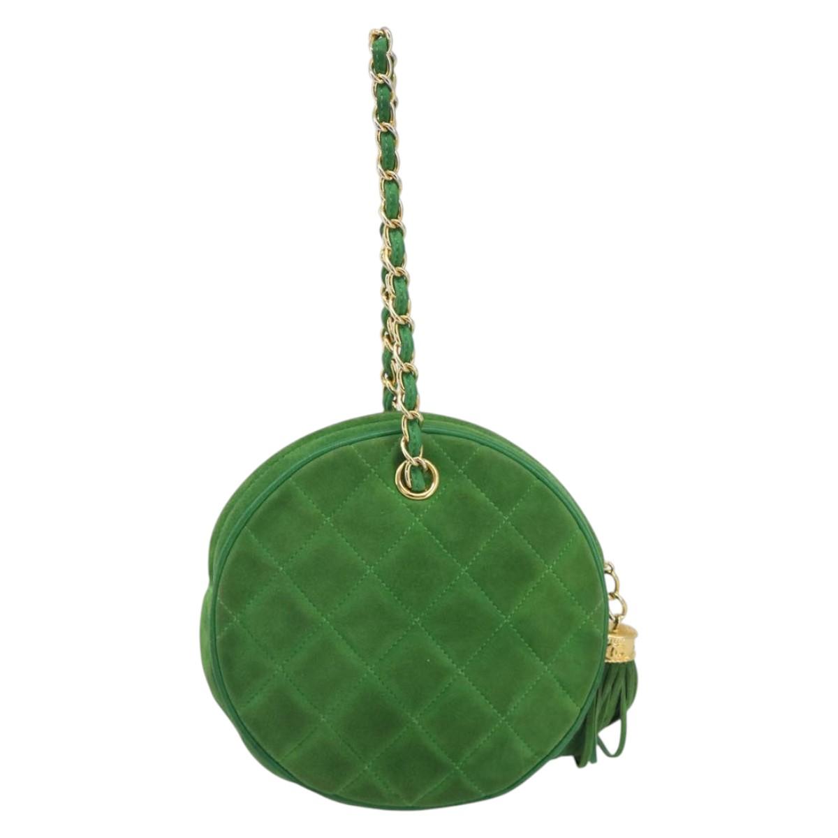 CHANEL Matelasse Chain Hand Bag Suede 2way Green Gold CC Auth 127613