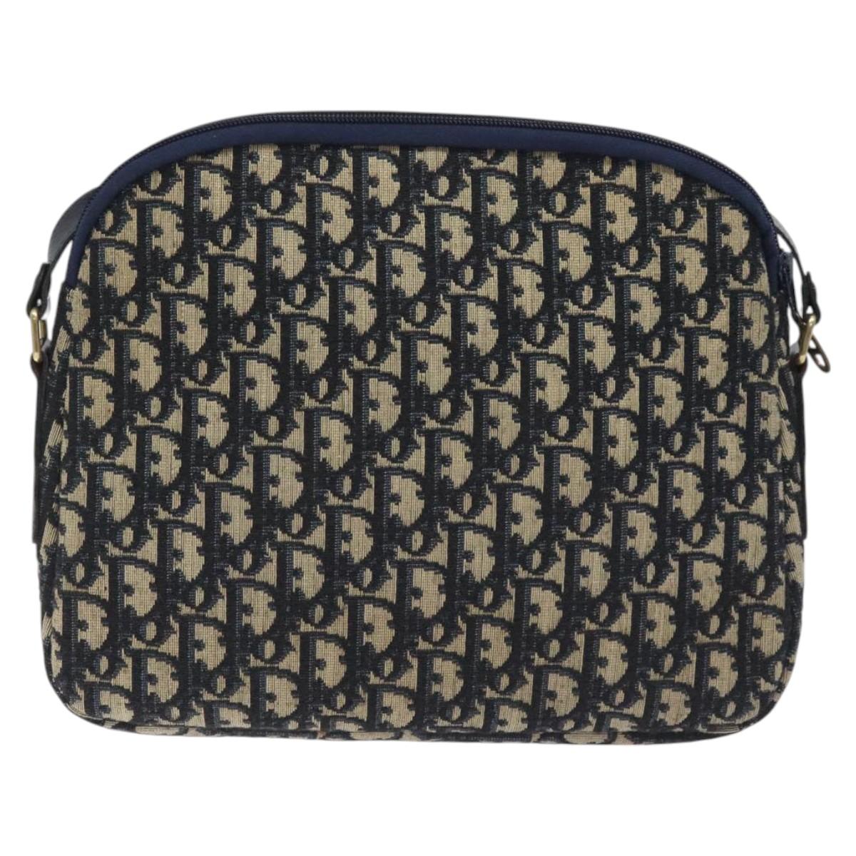 Christian Dior Trotter Canvas Shoulder Bag Navy Gold Auth 127683