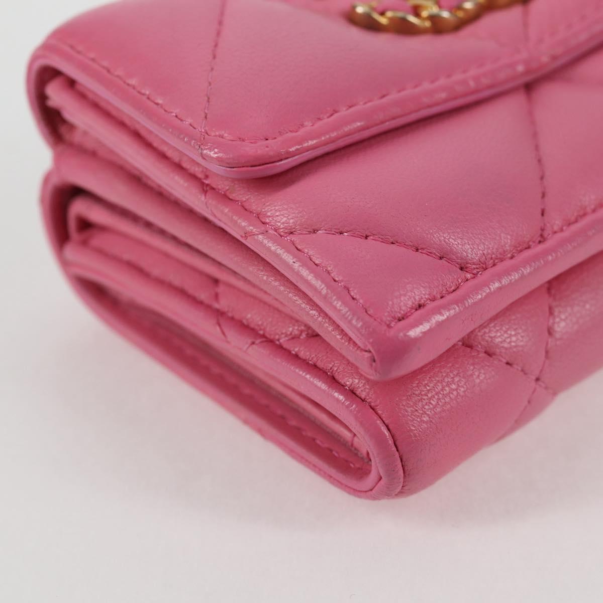 CHANEL Matelasse Compact Wallet Lamb Skin Pink Gold CC Auth 127761M