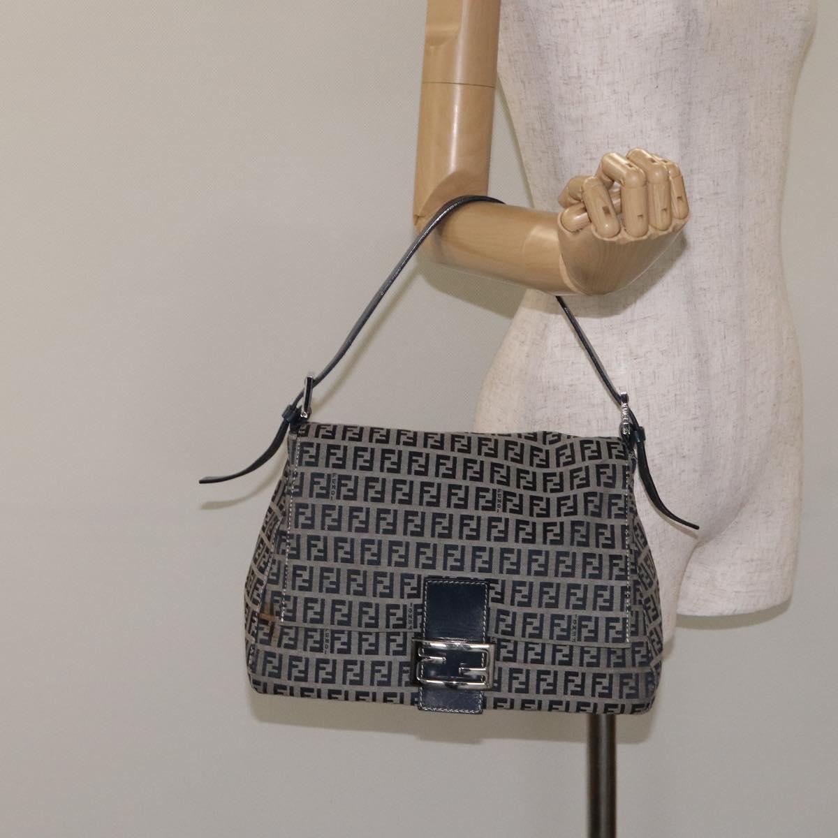FENDI Zucchino Canvas Mamma Baguette Shoulder Bag Navy Silver Auth 127779