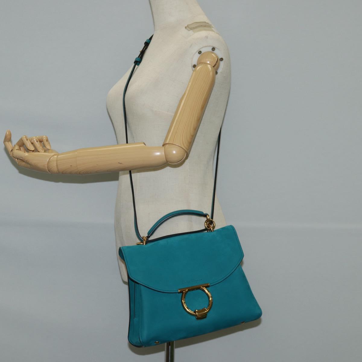 Salvatore Ferragamo Gancini Margot Bag Suede 2way Turquoise Blue Auth 127782M