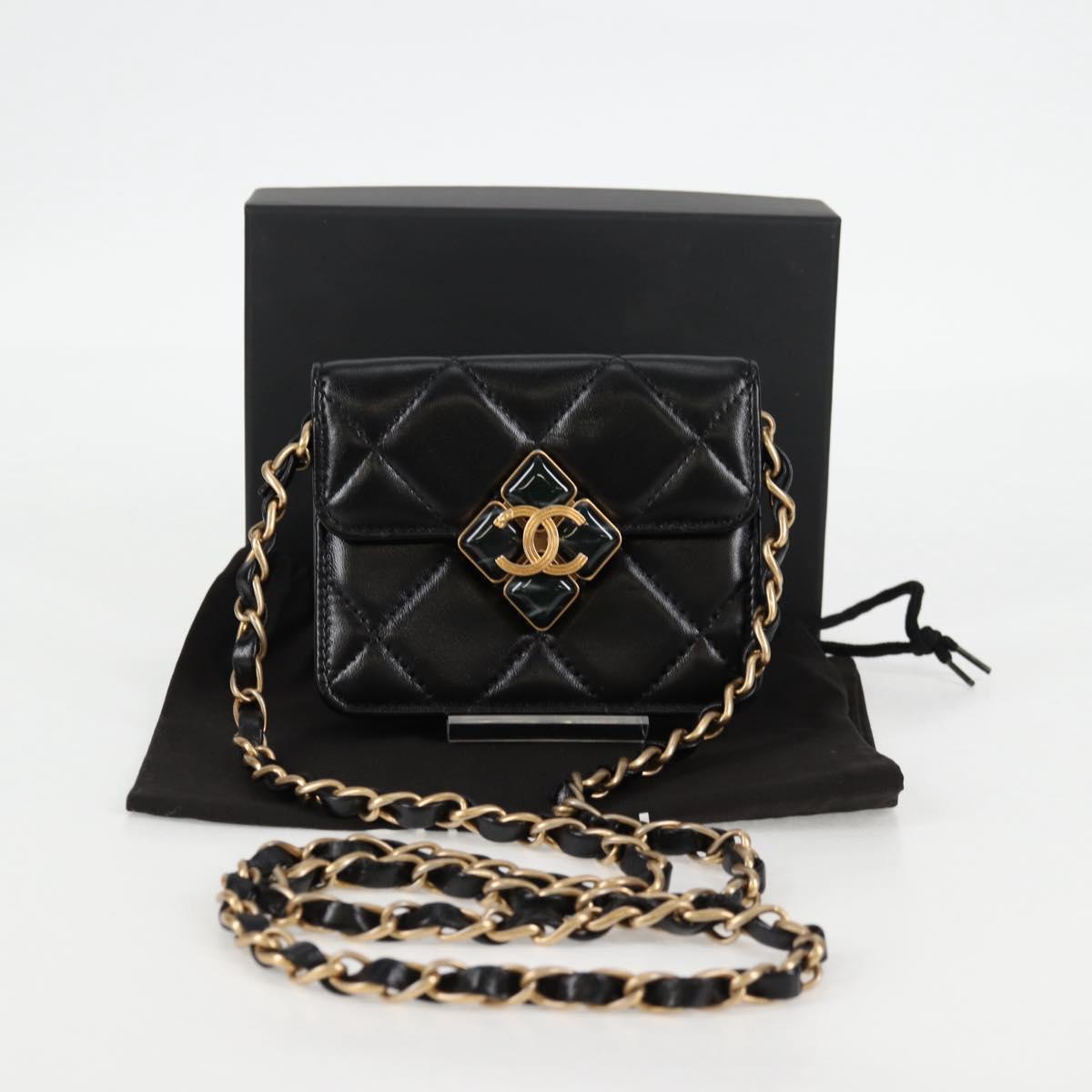 CHANEL Matelasse Chain Pouch Shoulder Bag Lamb Skin Black Gold CC Auth 127795SAM