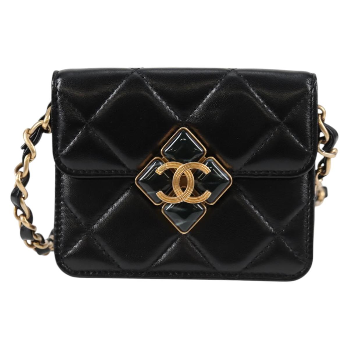 CHANEL Matelasse Chain Pouch Shoulder Bag Lamb Skin Black Gold CC Auth 127795SAM