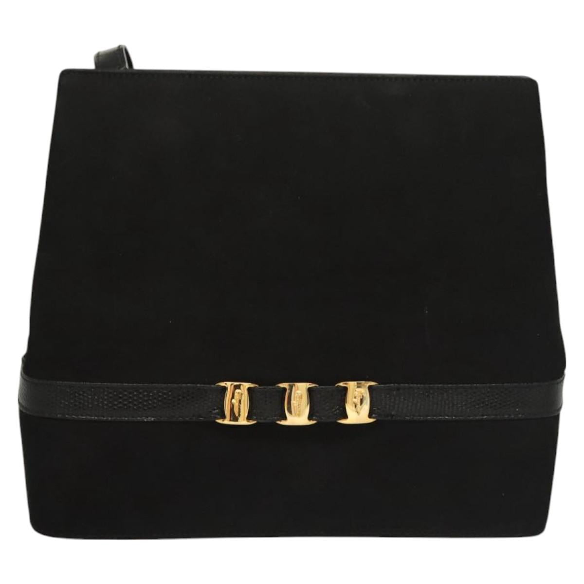 Salvatore Ferragamo Gancini Shoulder Bag Suede Black Gold Auth 127796