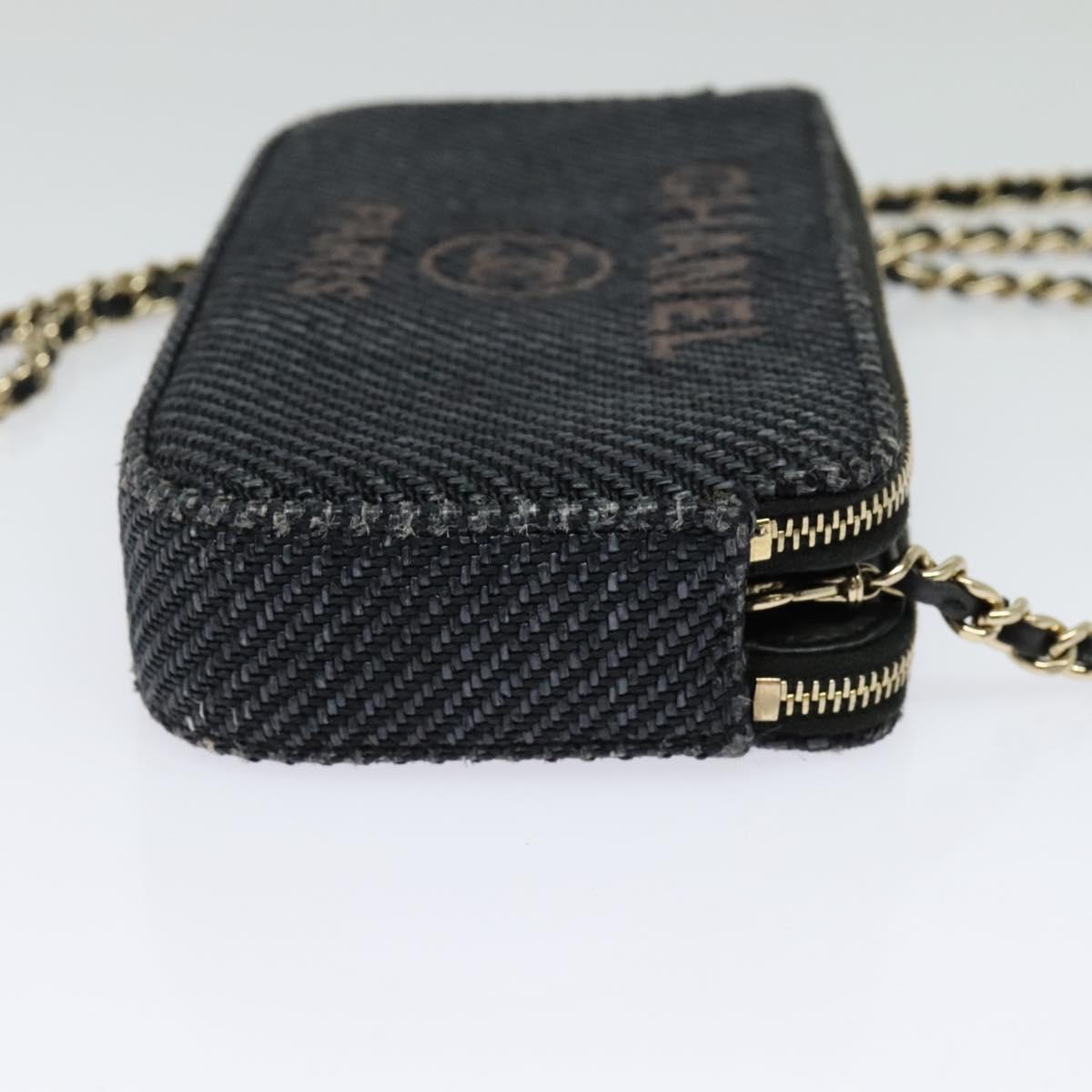 CHANEL Deauville line COCO Mark Chain Wallet Raffia Navy Gold CC Auth 127827M