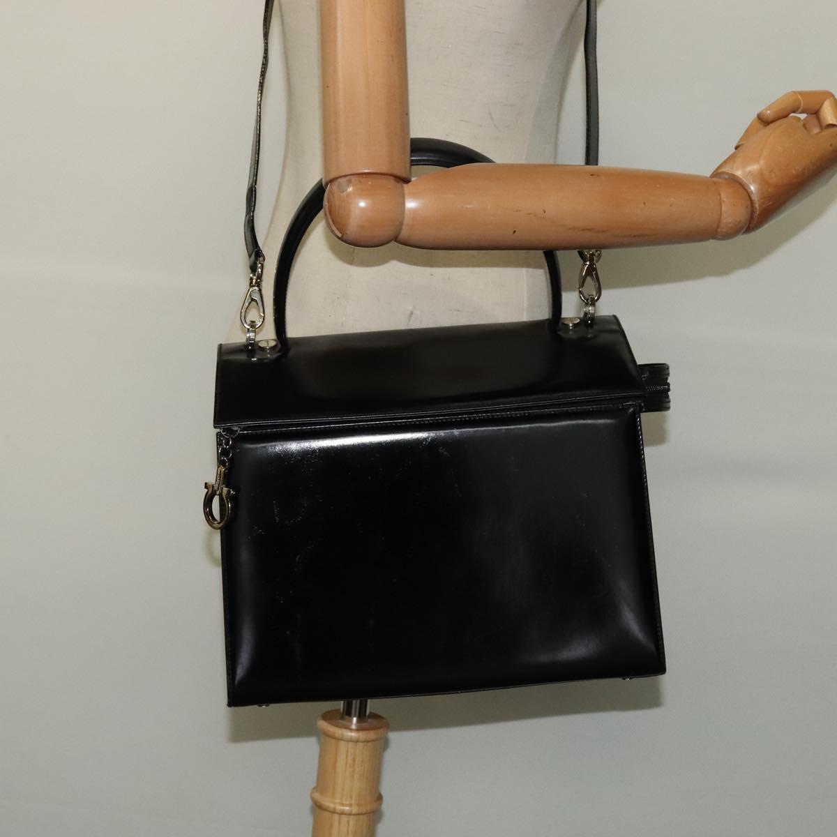 Salvatore Ferragamo Hand Bag Patent leather 2way Black Silver Auth 127849
