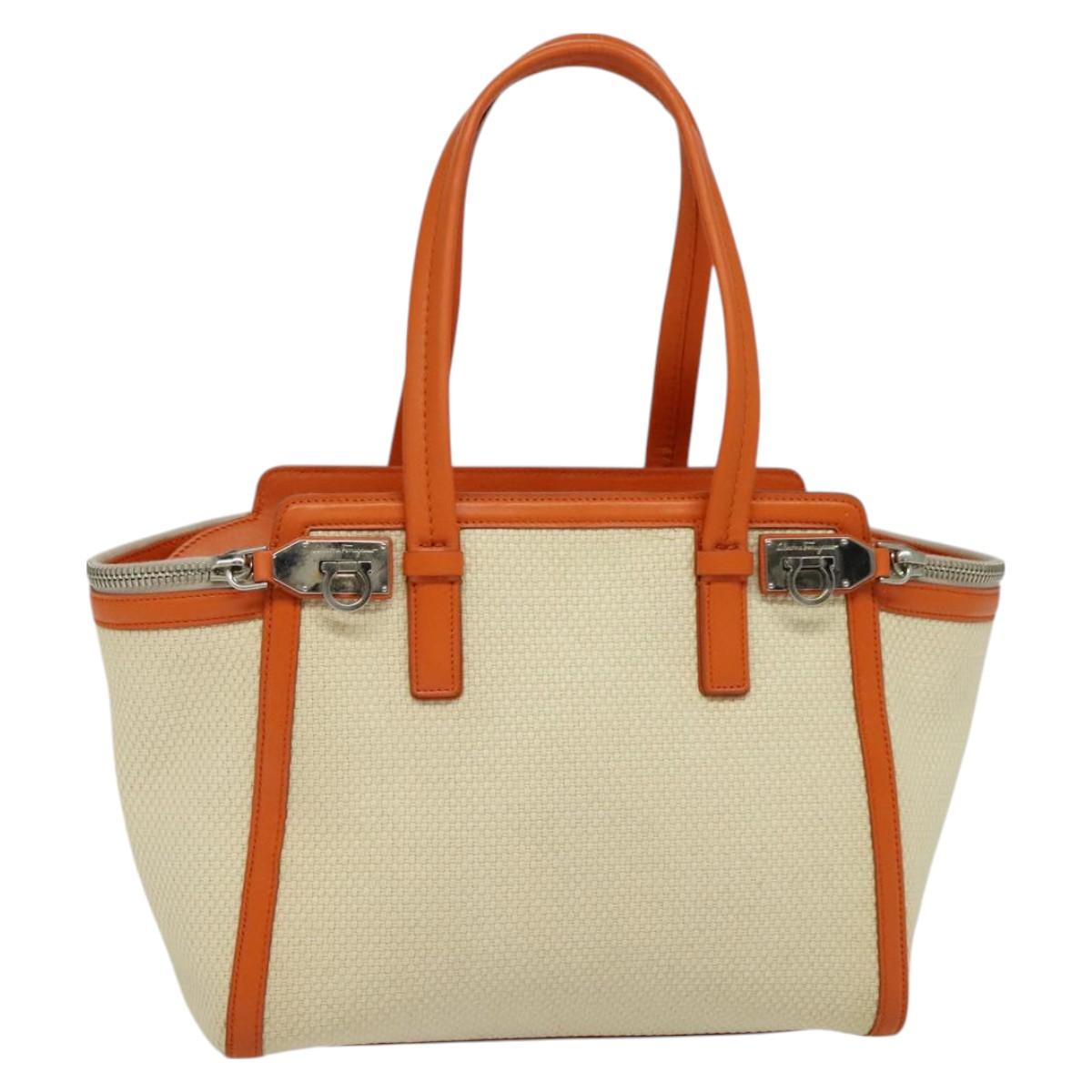 Salvatore Ferragamo Gancini Tote Bag Canvas Beige Silver Auth 127854