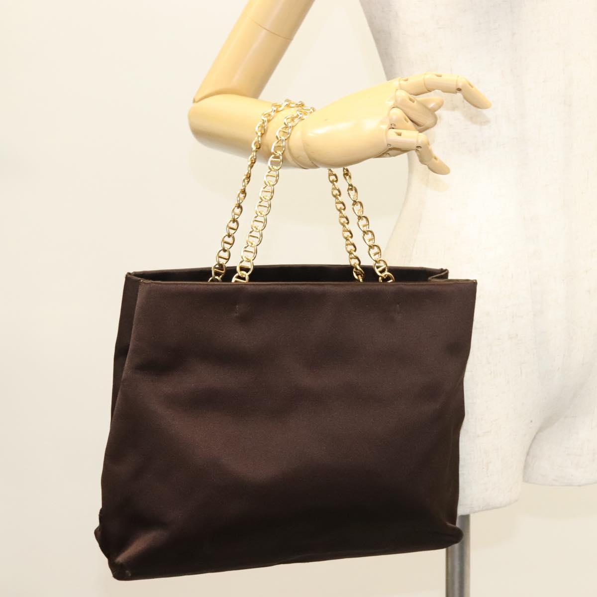 PRADA Chain Tote Bag Satin Brown Gold Auth 127862