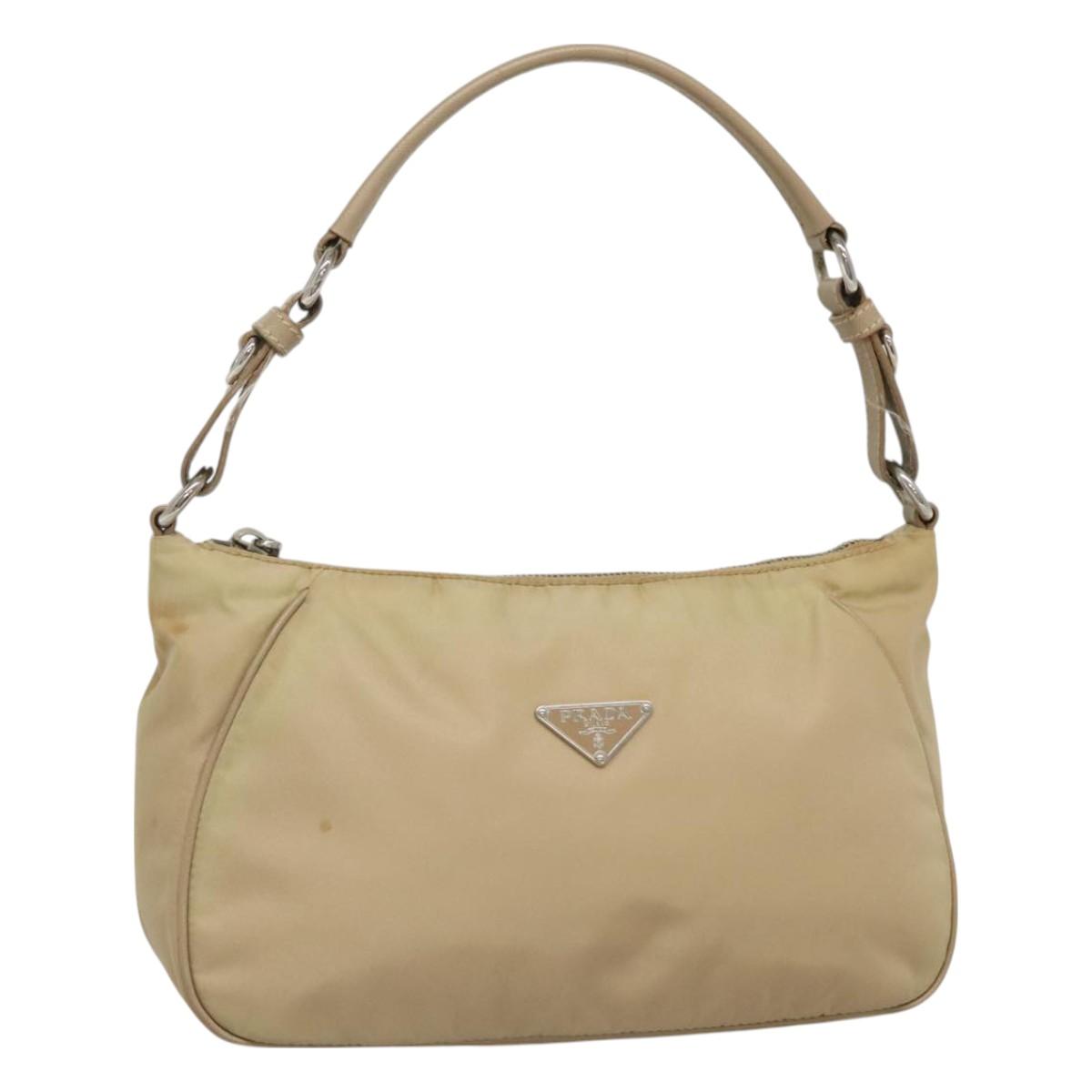 PRADA Hand Bag Nylon Beige Silver Auth 127869