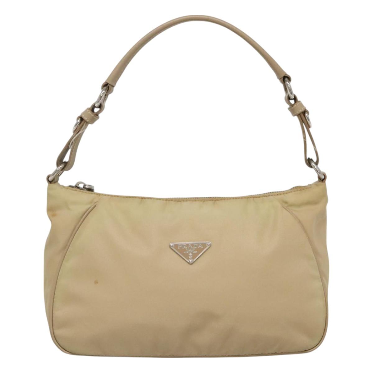 PRADA Hand Bag Nylon Beige Silver Auth 127869