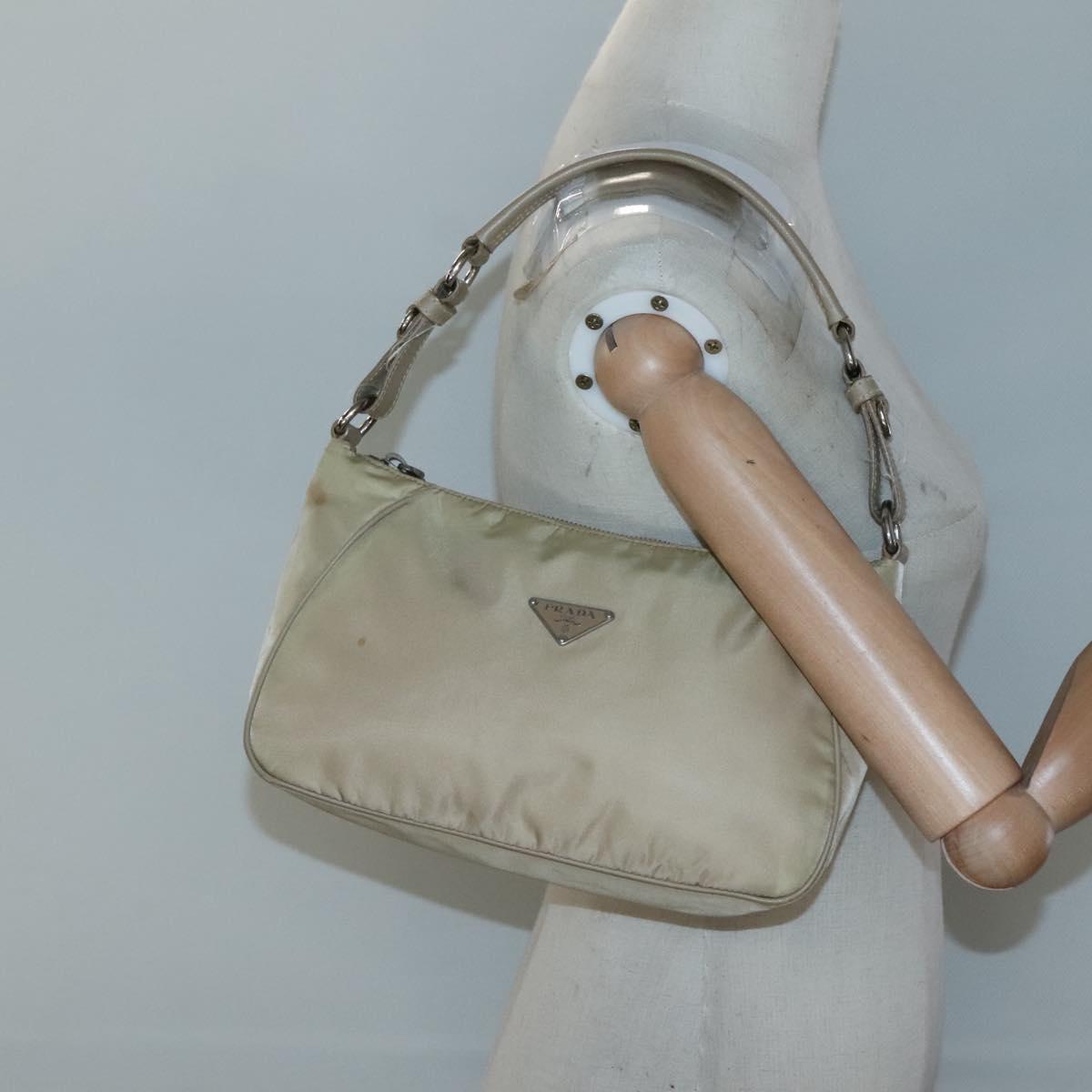 PRADA Hand Bag Nylon Beige Silver Auth 127869