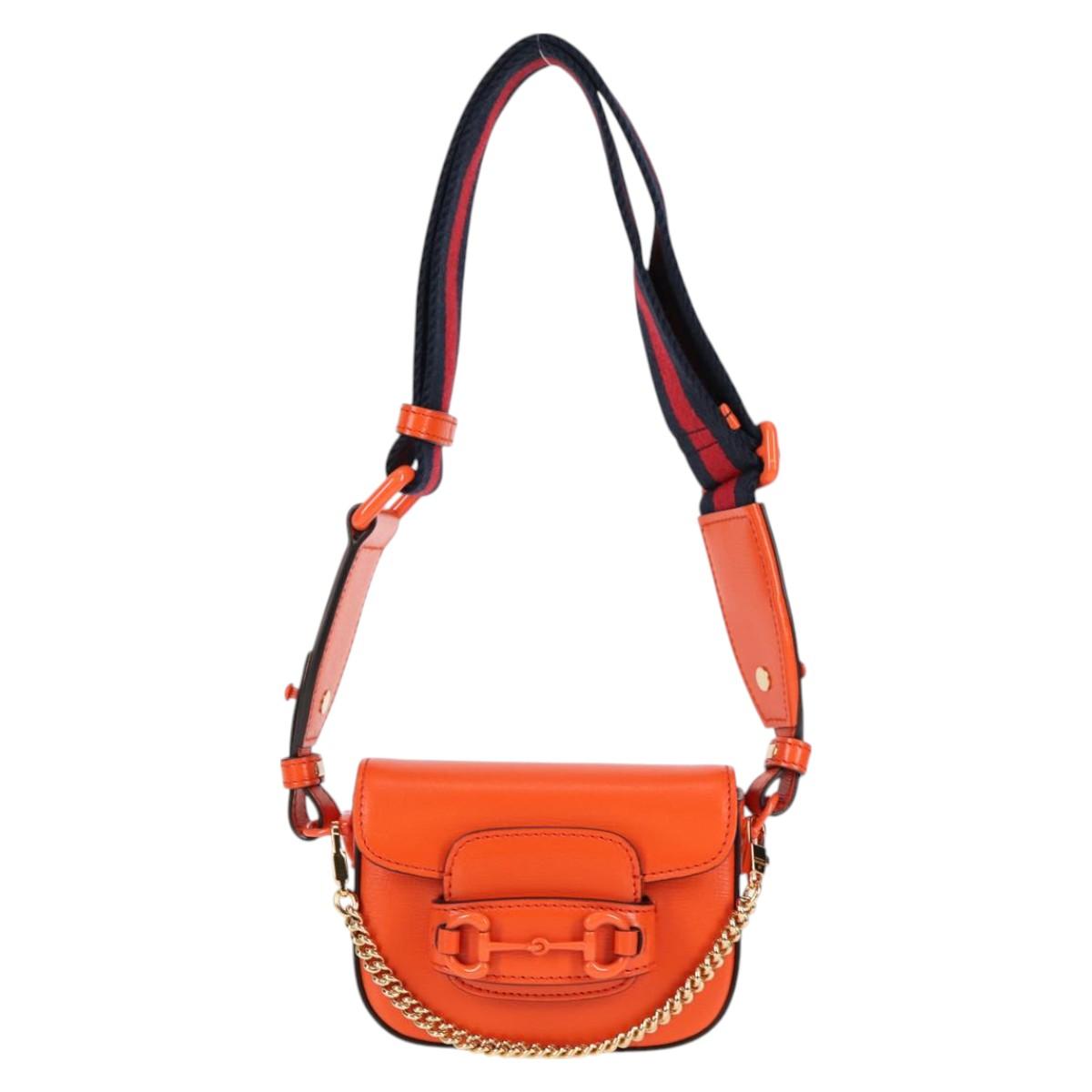 GUCCI Sherry Line Shoulder Bag Leather Orange Red Navy 726863 Auth 127887M