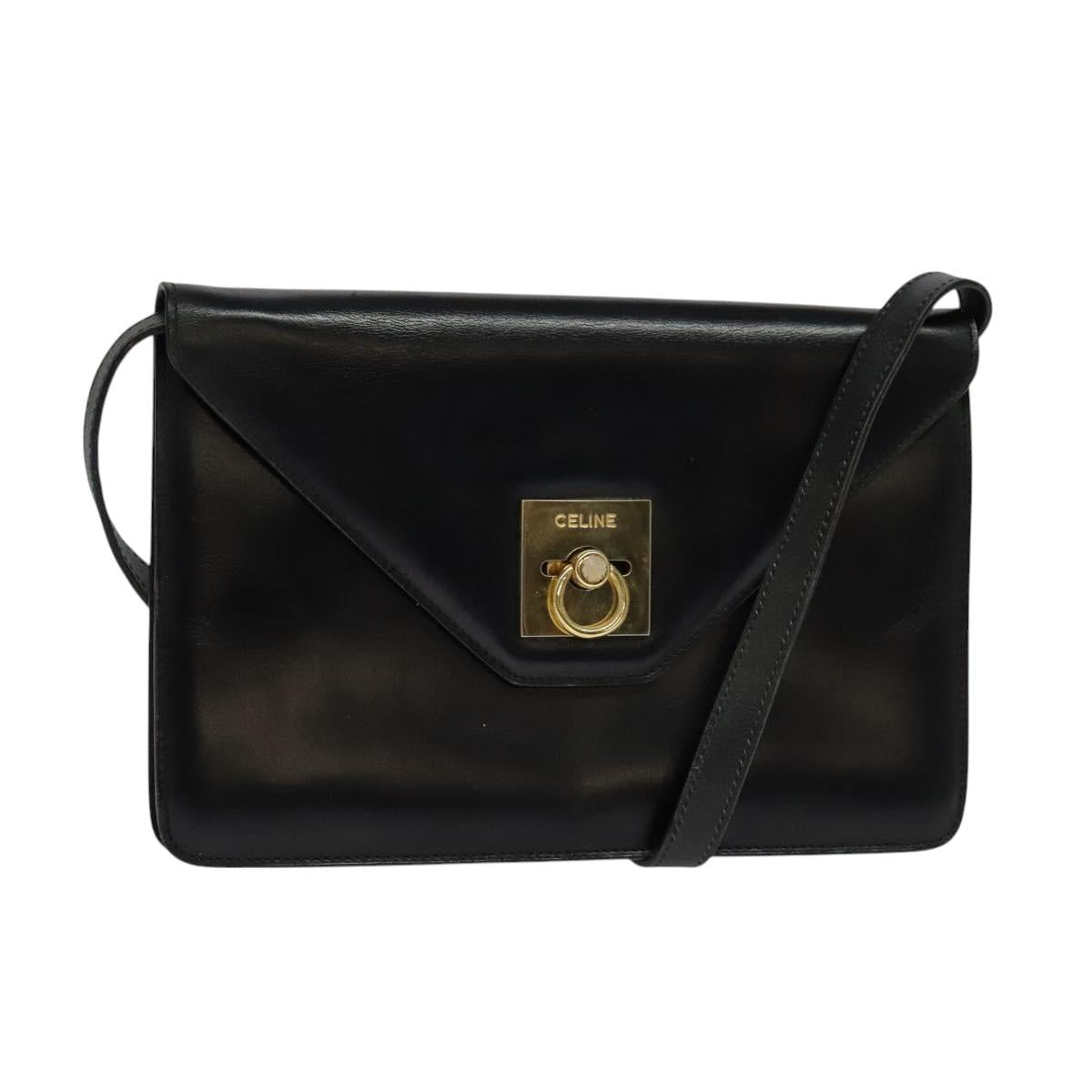 CELINE Shoulder Bag Leather Black Gold Auth 127909