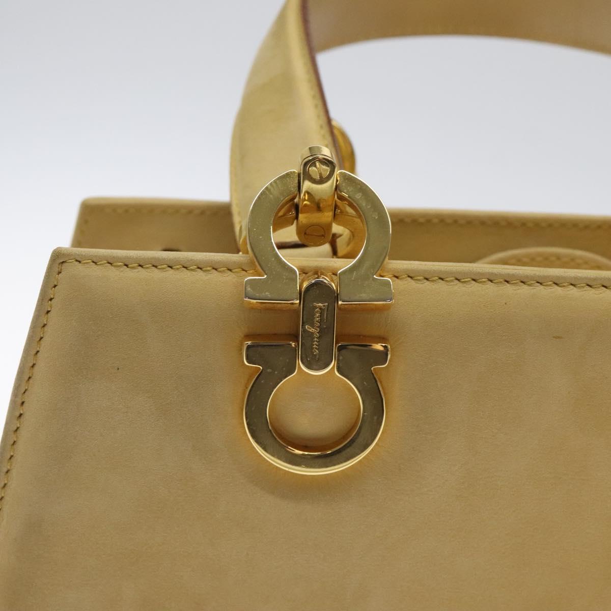 Salvatore Ferragamo Gancini Hand Bag Suede Beige Gold Auth 128015
