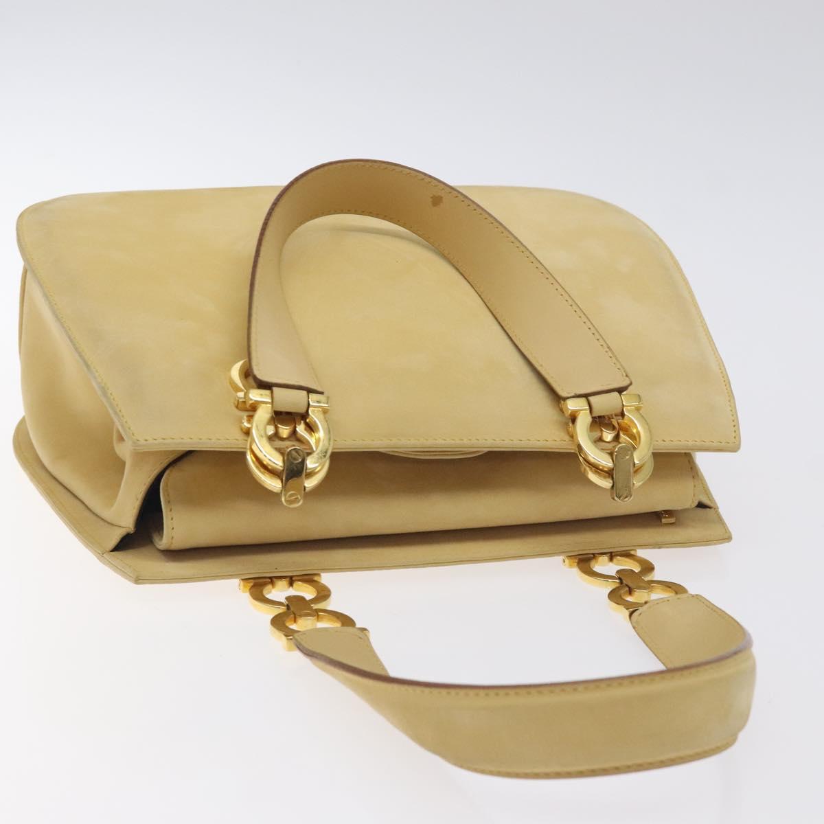 Salvatore Ferragamo Gancini Hand Bag Suede Beige Gold Auth 128015