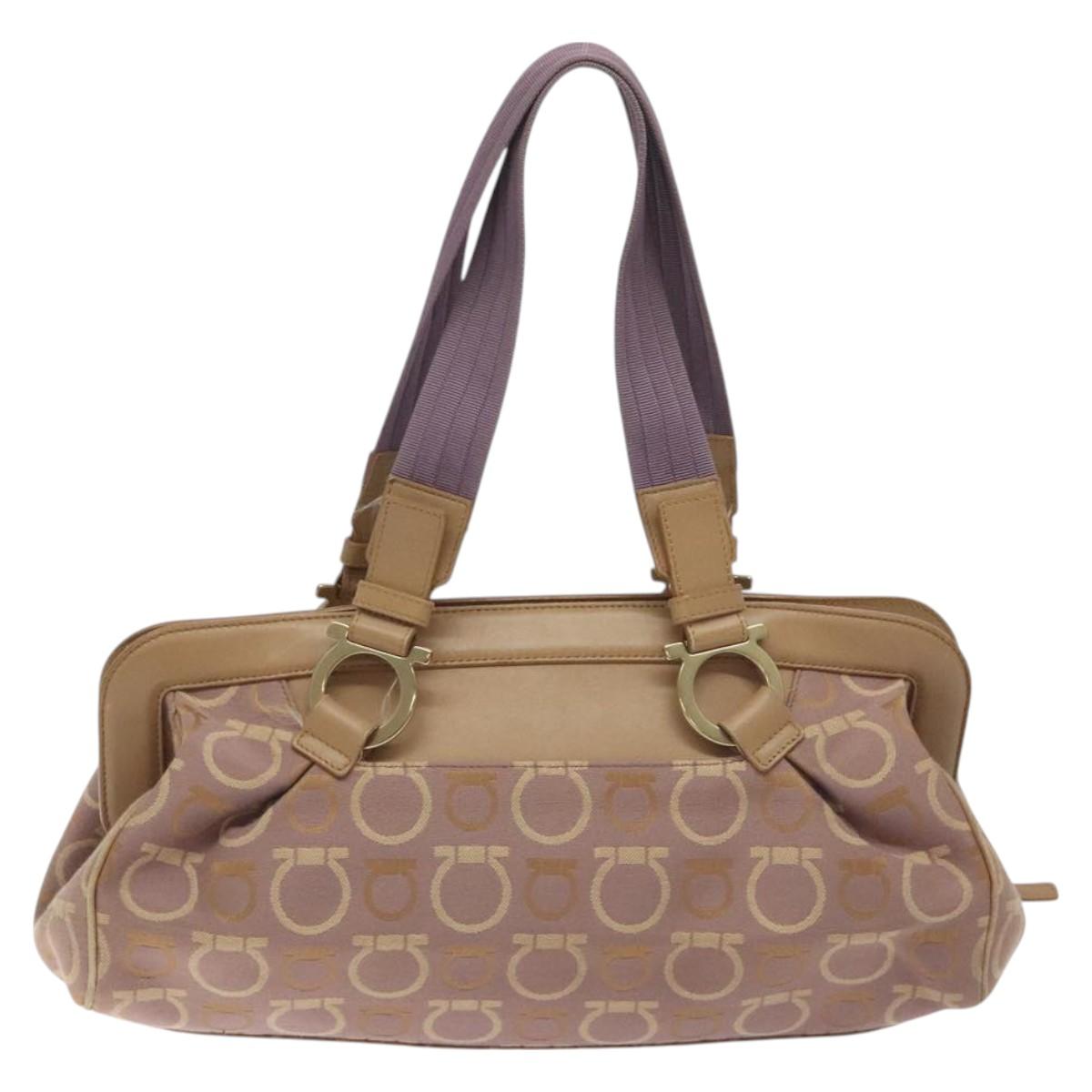 Salvatore Ferragamo Gancini Tote Bag Canvas Leather Purple Gold Auth 128017