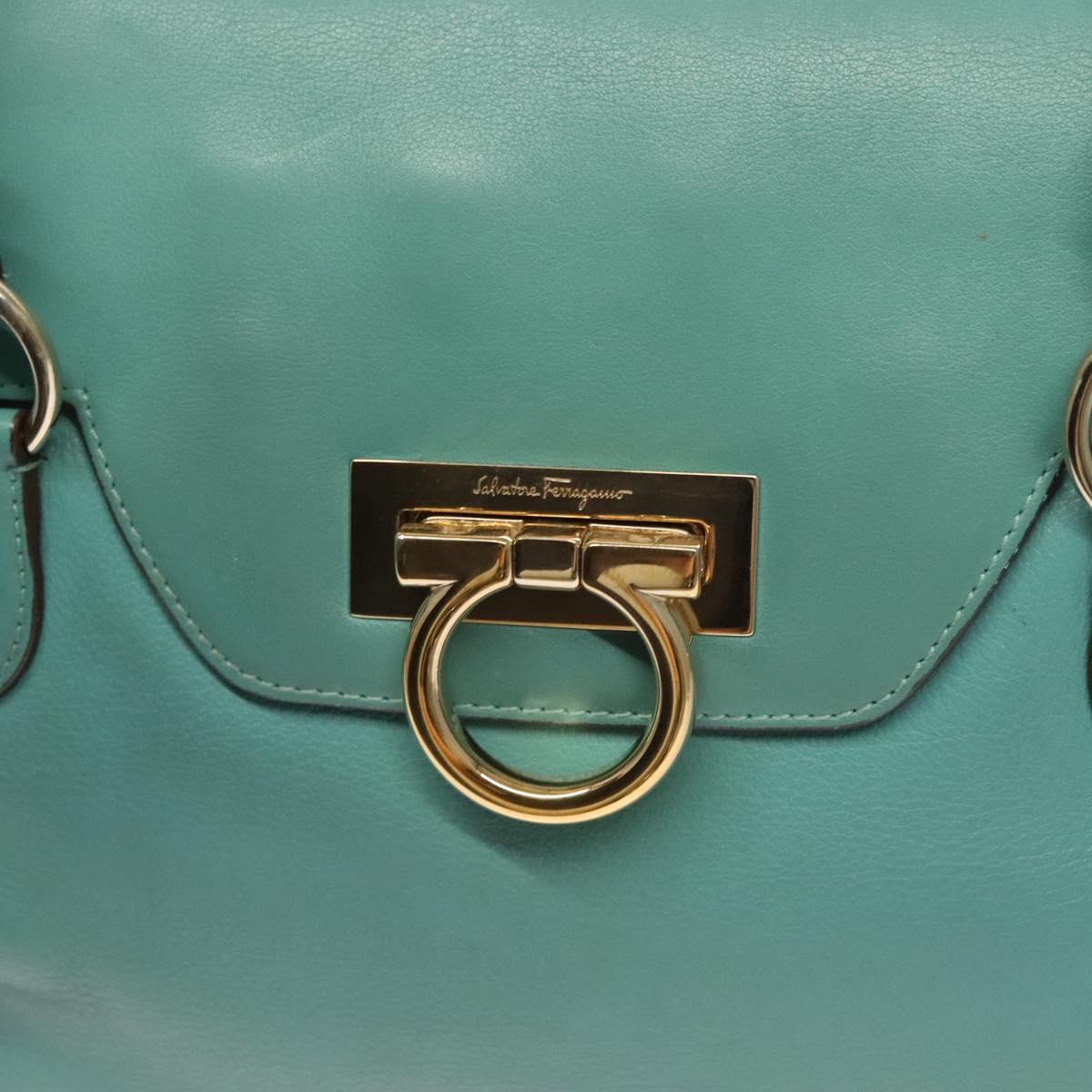 Salvatore Ferragamo Gancini Hand Bag Leather Turquoise Blue Gold Auth 128019