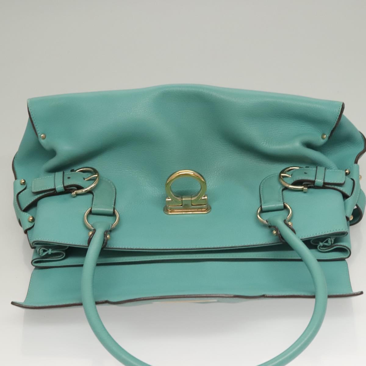 Salvatore Ferragamo Gancini Hand Bag Leather Turquoise Blue Gold Auth 128019