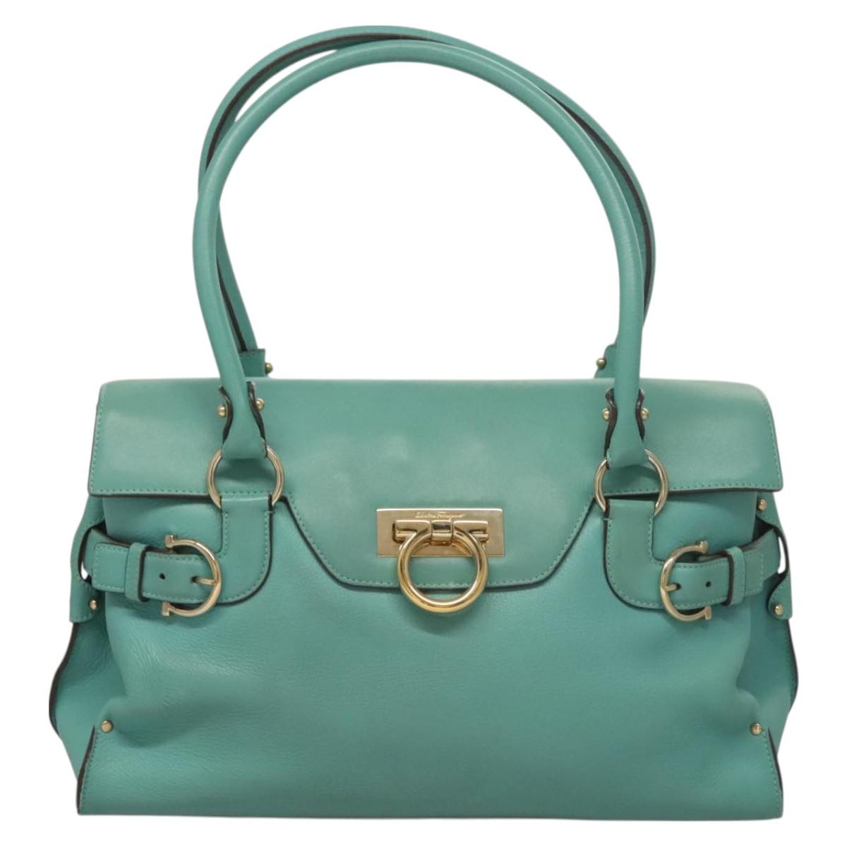 Salvatore Ferragamo Gancini Hand Bag Leather Turquoise Blue Gold Auth 128019