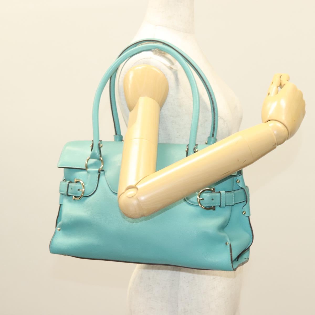 Salvatore Ferragamo Gancini Hand Bag Leather Turquoise Blue Gold Auth 128019