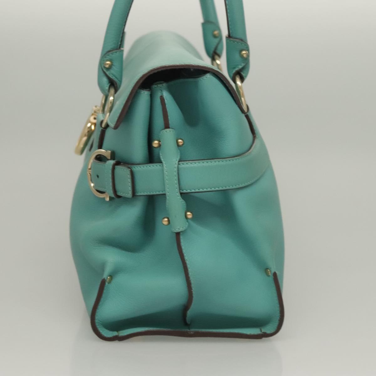Salvatore Ferragamo Gancini Hand Bag Leather Turquoise Blue Gold Auth 128019