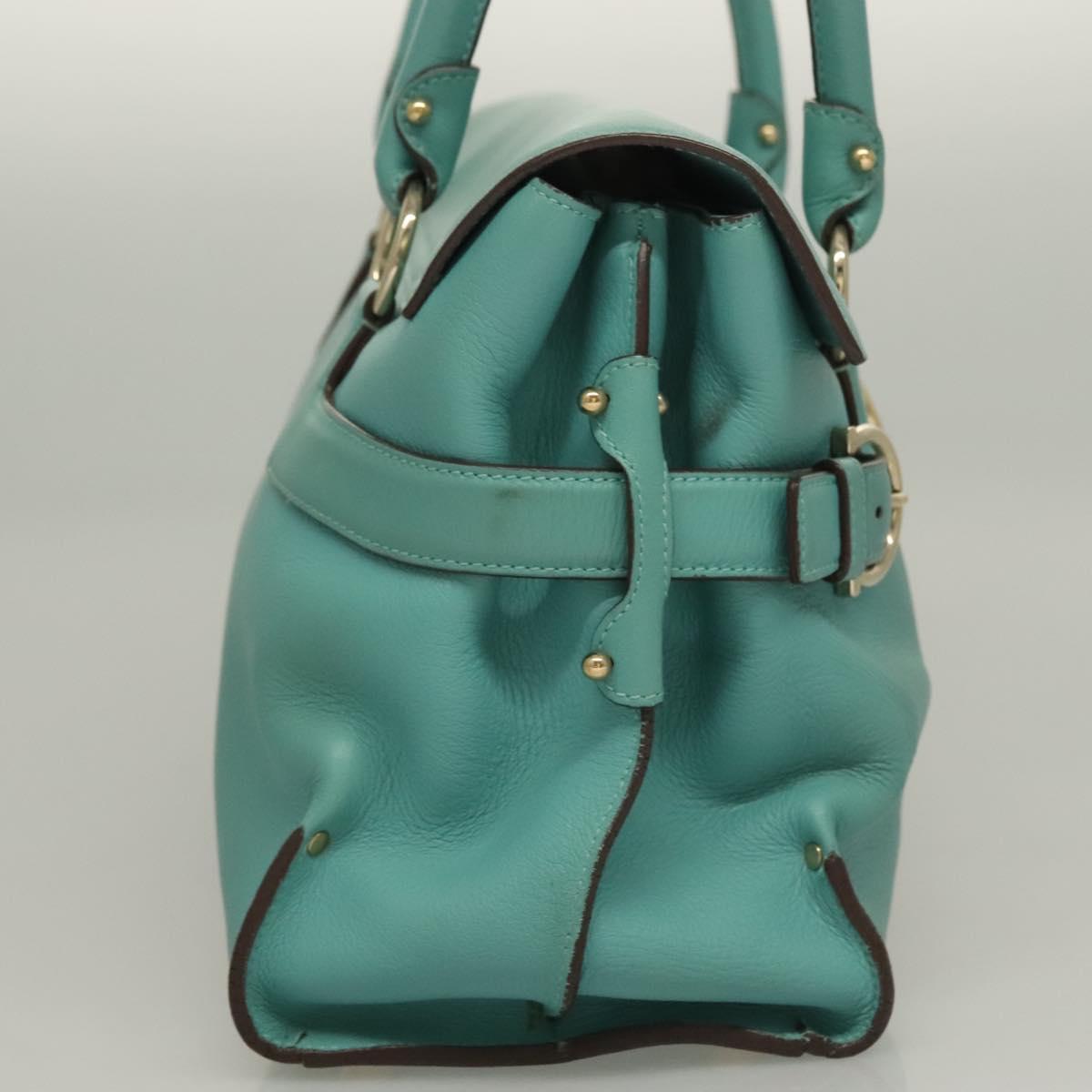 Salvatore Ferragamo Gancini Hand Bag Leather Turquoise Blue Gold Auth 128019