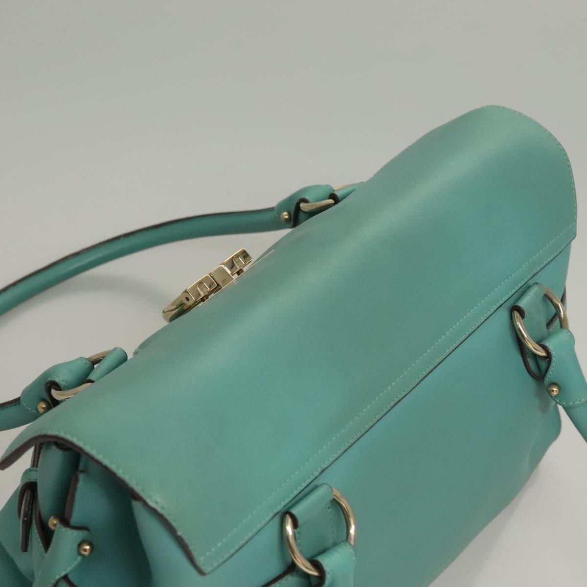 Salvatore Ferragamo Gancini Hand Bag Leather Turquoise Blue Gold Auth 128019