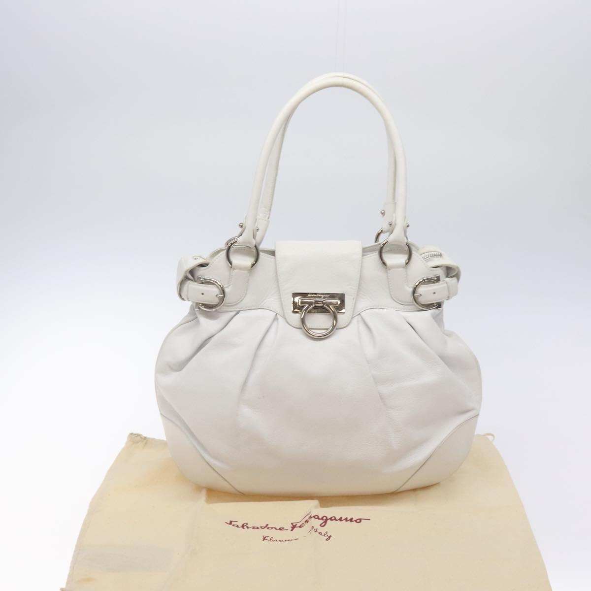 Salvatore Ferragamo Gancini Shoulder Bag Leather White Silver Auth 128020