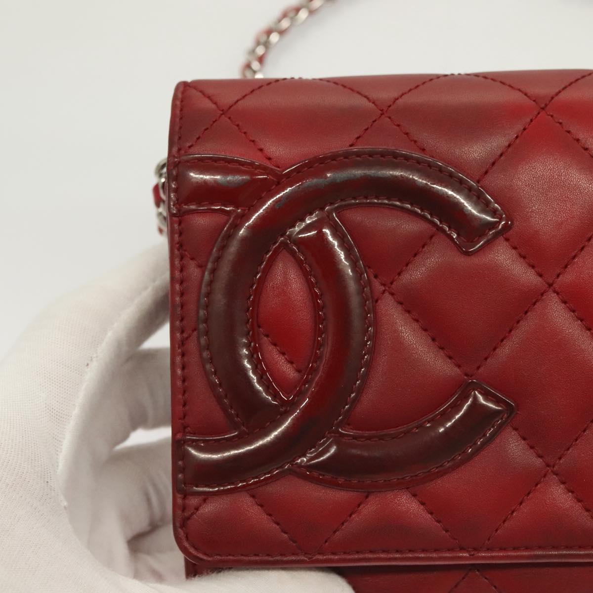 CHANEL Cambon Line Chain Shoulder Bag Leather Red Silver CC Auth 128029