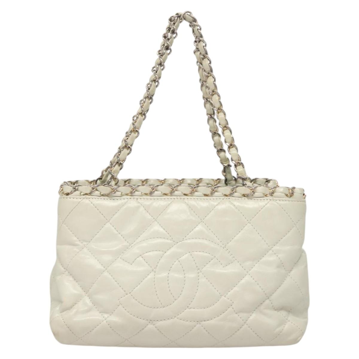 CHANEL Chain Shoulder Bag Lamb Skin White Silver CC Auth 128035