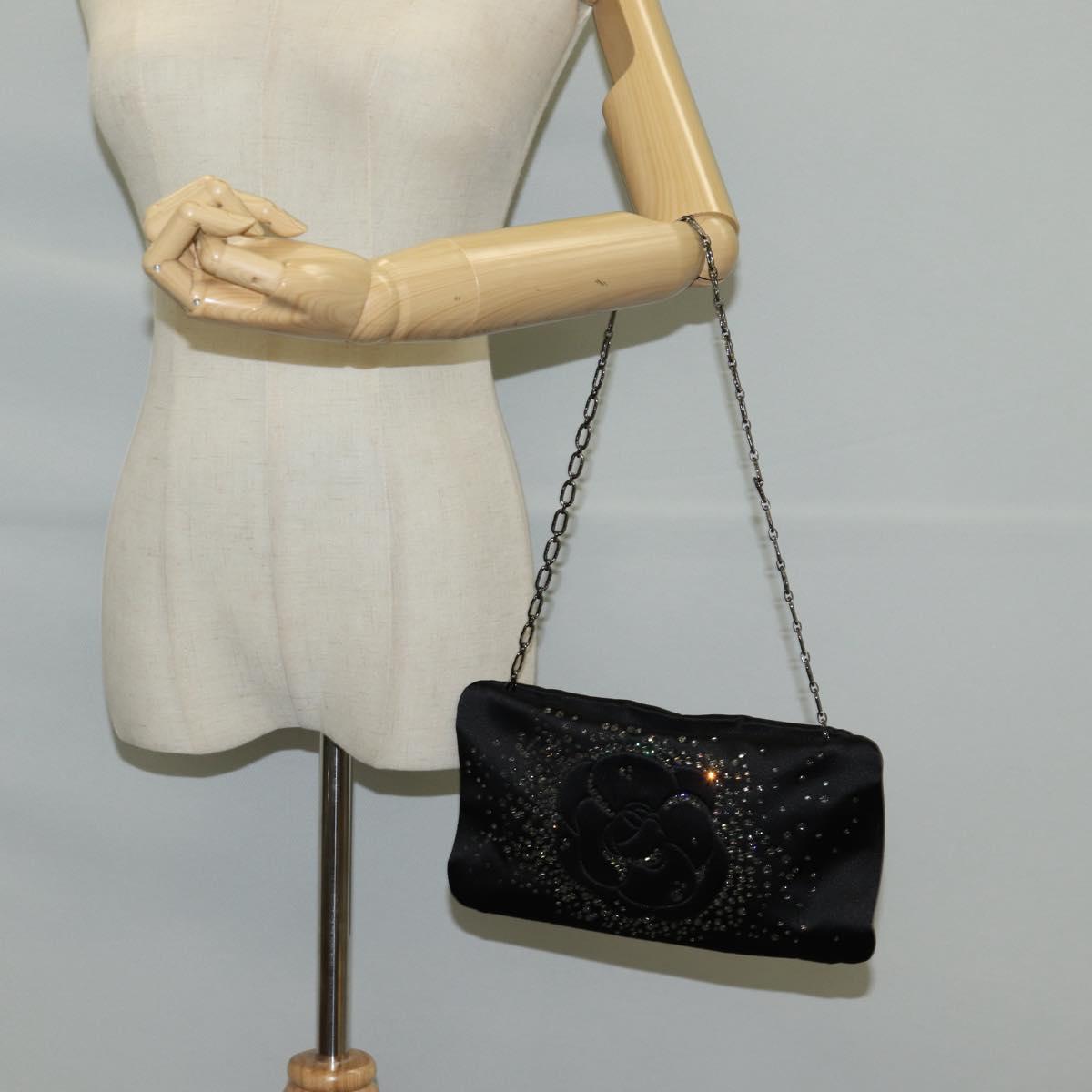 CHANEL Camellia Rhinestone Chain Accessory Pouch Satin Black CC Auth 128040SAV