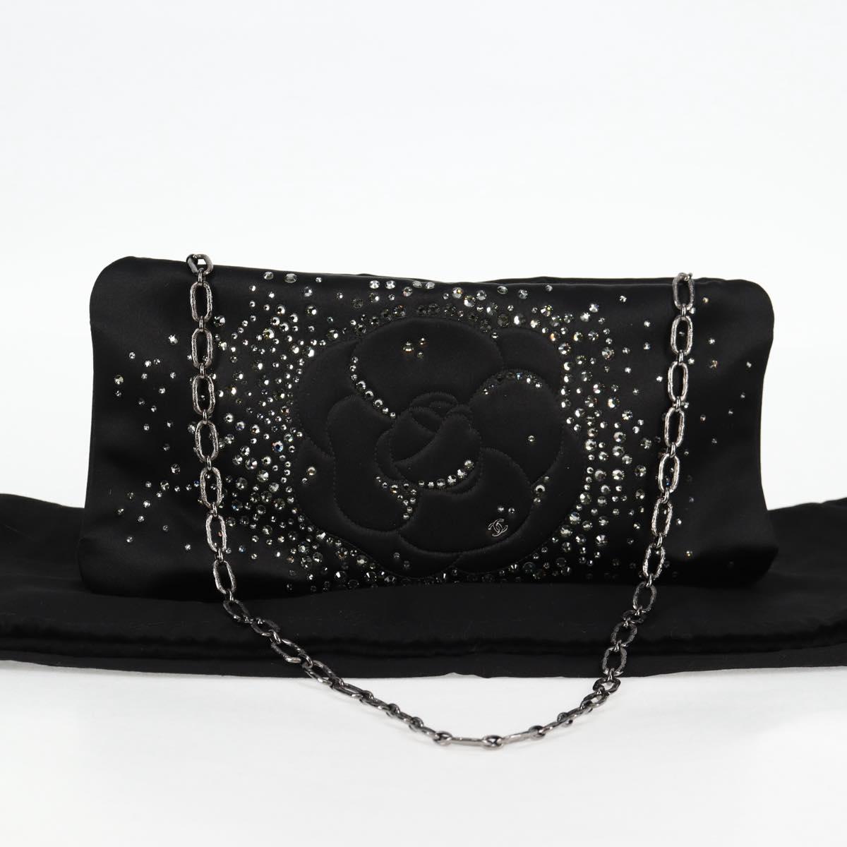 CHANEL Camellia Rhinestone Chain Accessory Pouch Satin Black CC Auth 128040SAV