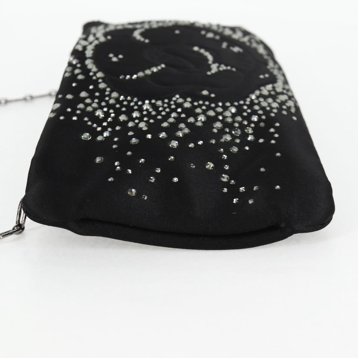 CHANEL Camellia Rhinestone Chain Accessory Pouch Satin Black CC Auth 128040V