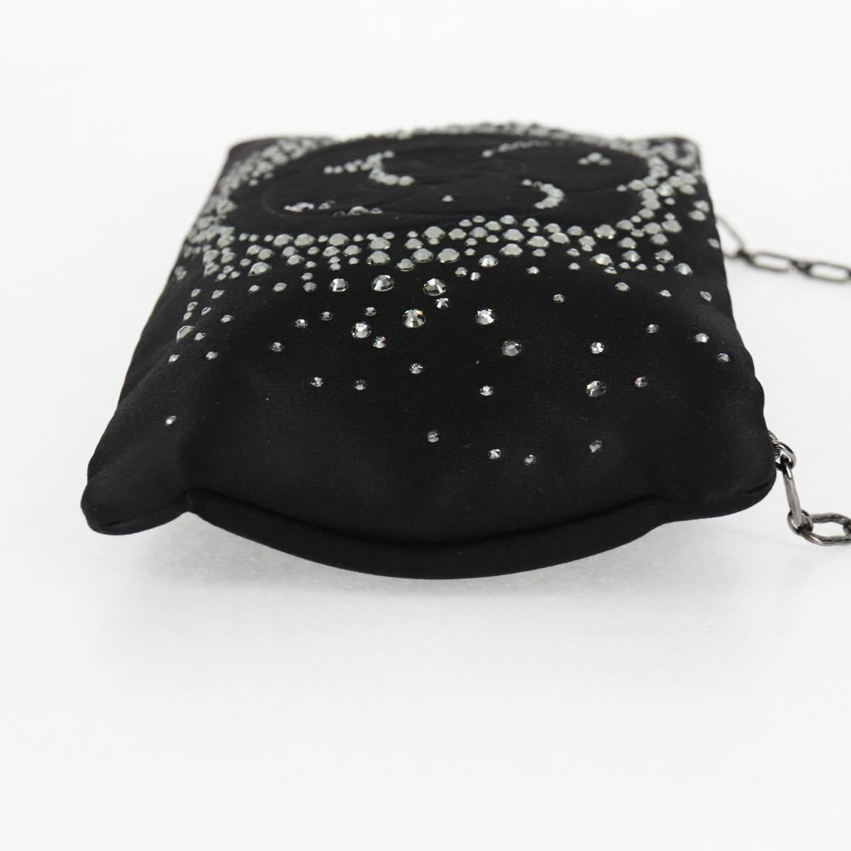 CHANEL Camellia Rhinestone Chain Accessory Pouch Satin Black CC Auth 128040SAV