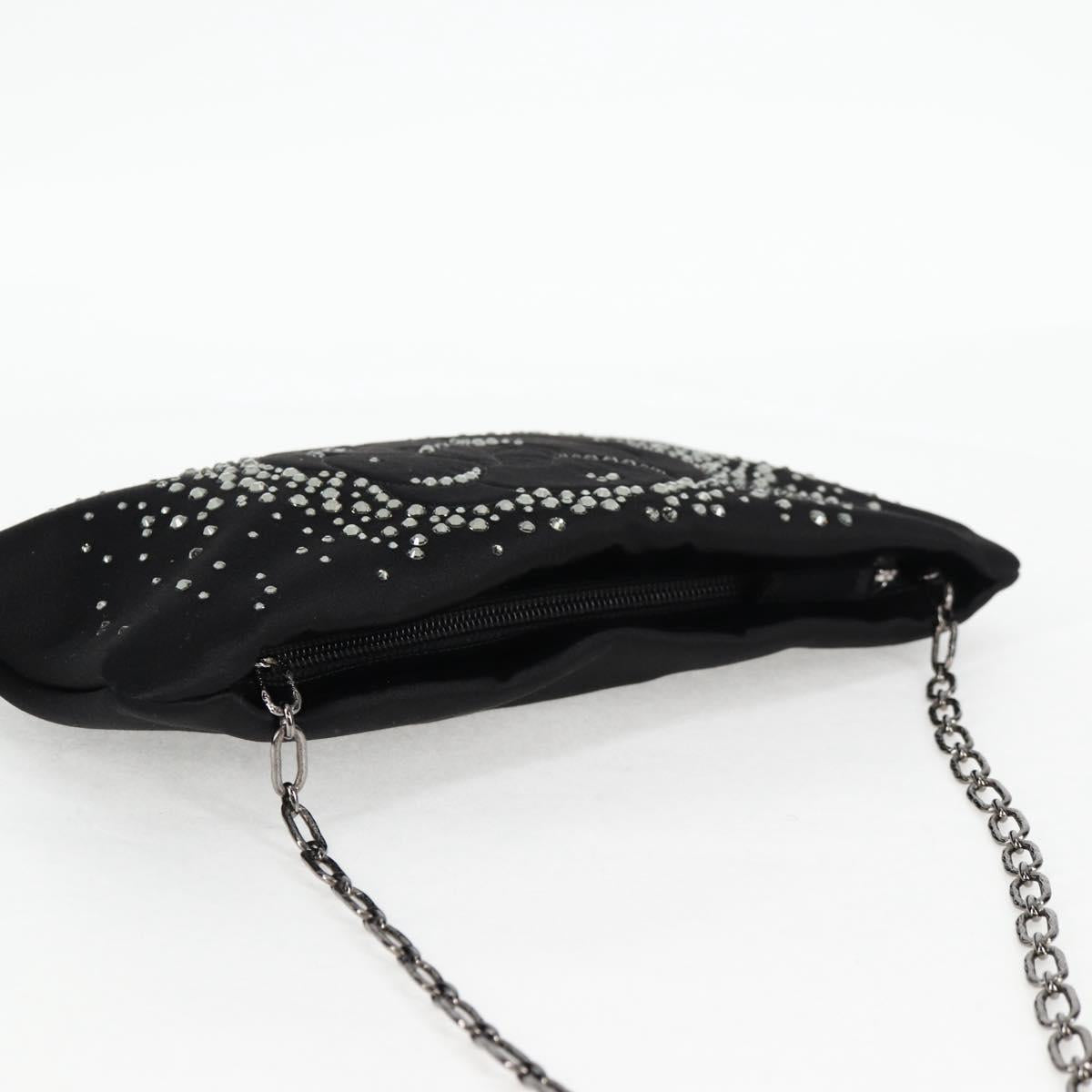 CHANEL Camellia Rhinestone Chain Accessory Pouch Satin Black CC Auth 128040SAV