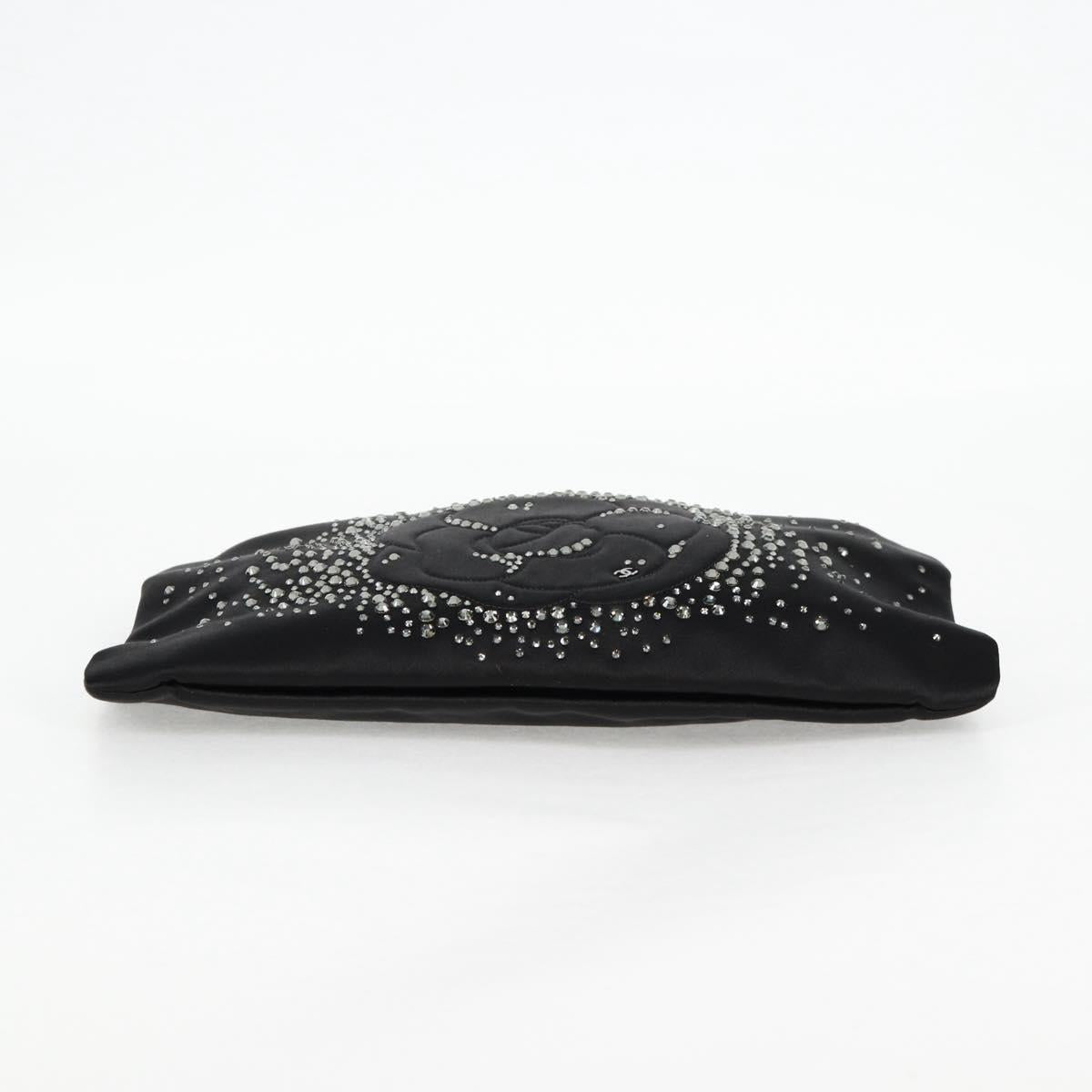 CHANEL Camellia Rhinestone Chain Accessory Pouch Satin Black CC Auth 128040SAV