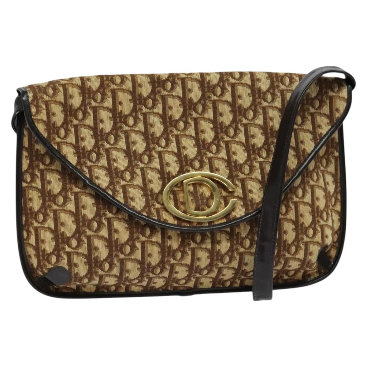 Christian Dior Trotter Canvas Shoulder Bag Brown Gold Auth 128045