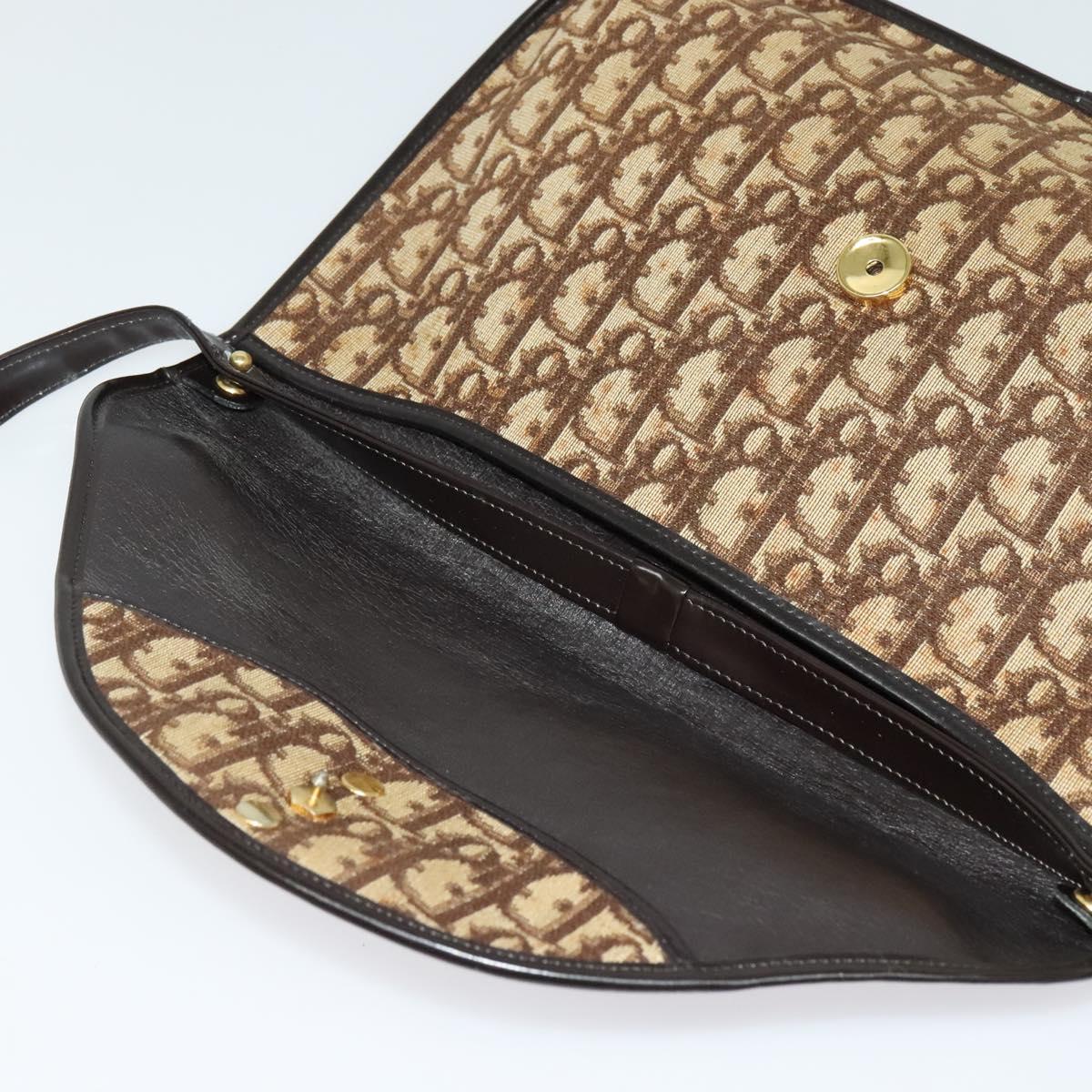 Christian Dior Trotter Canvas Shoulder Bag Brown Gold Auth 128045