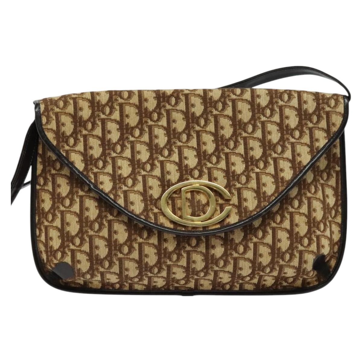 Christian Dior Trotter Canvas Shoulder Bag Brown Gold Auth 128045