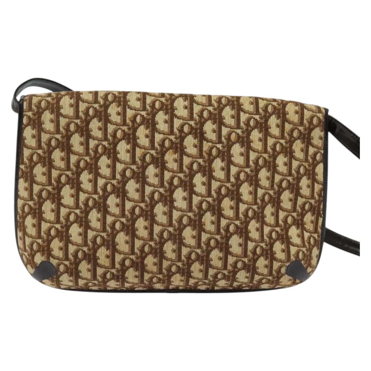 Christian Dior Trotter Canvas Shoulder Bag Brown Gold Auth 128045