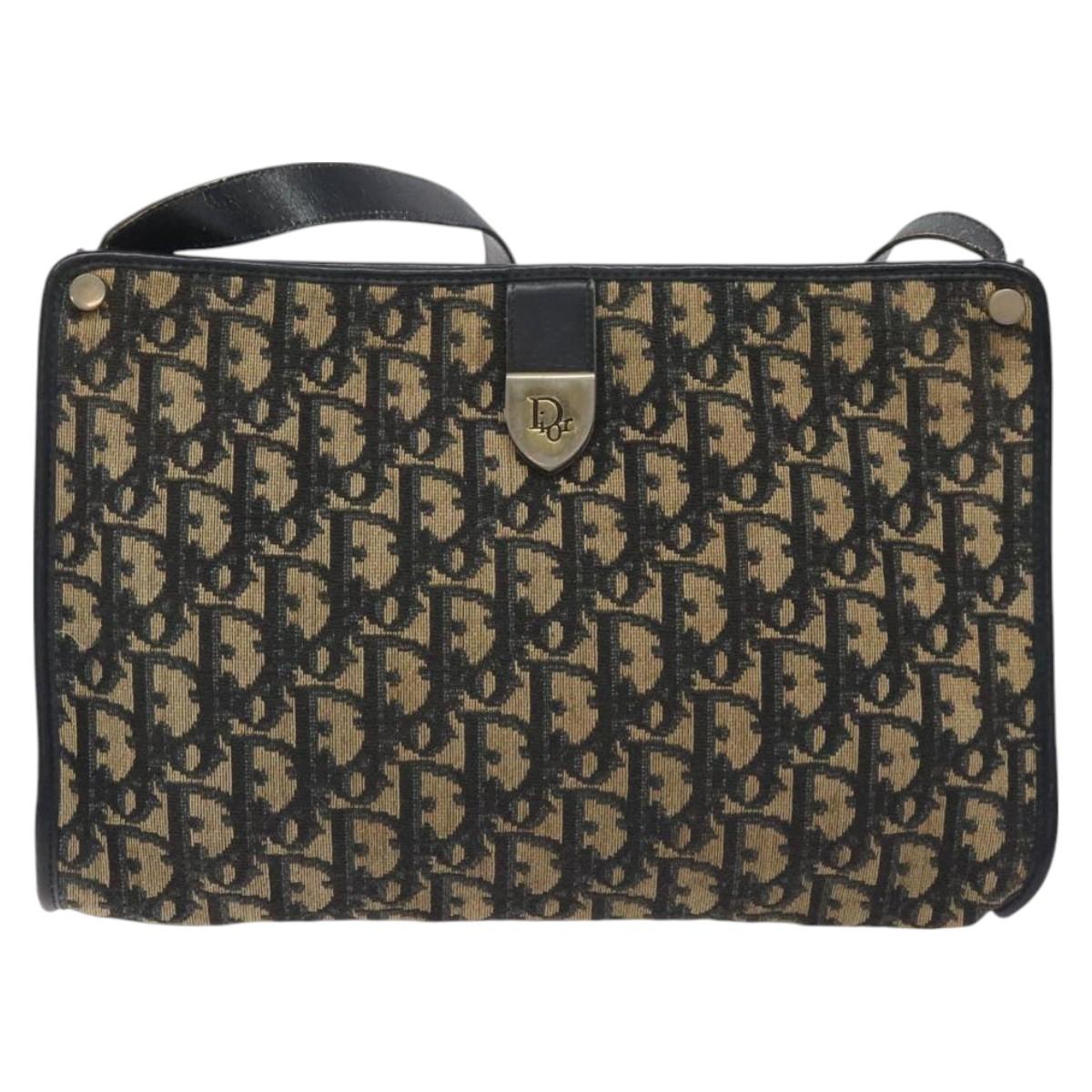 Christian Dior Trotter Canvas Shoulder Bag Navy Gold Auth 128065