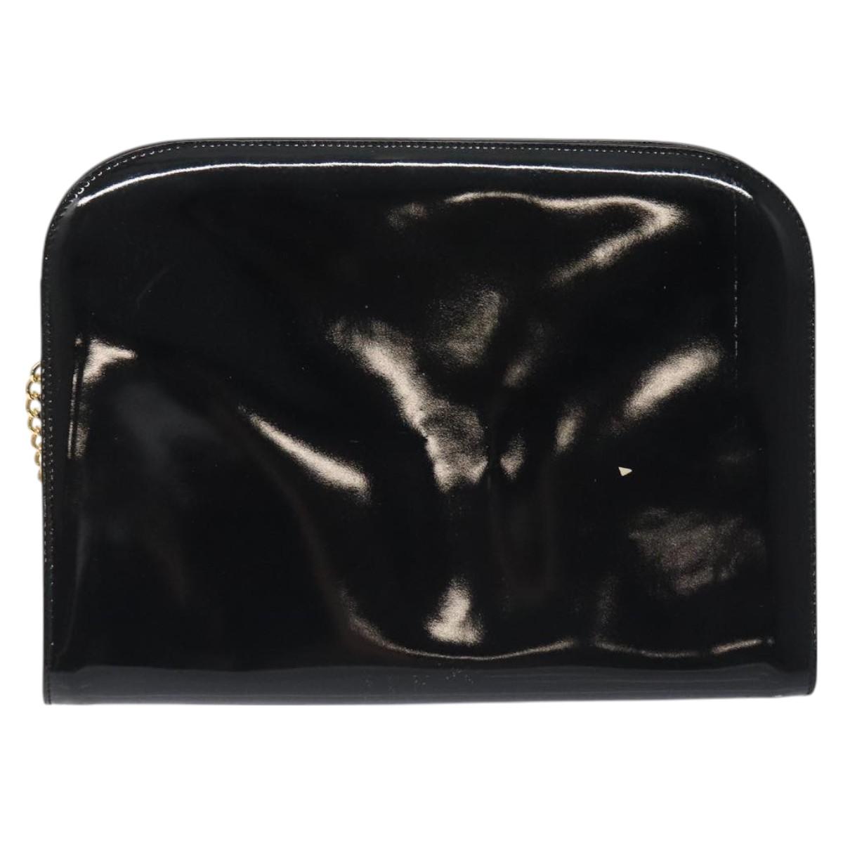 Salvatore Ferragamo Gancini Chain Shoulder Bag Patent Black Gold Auth 128138