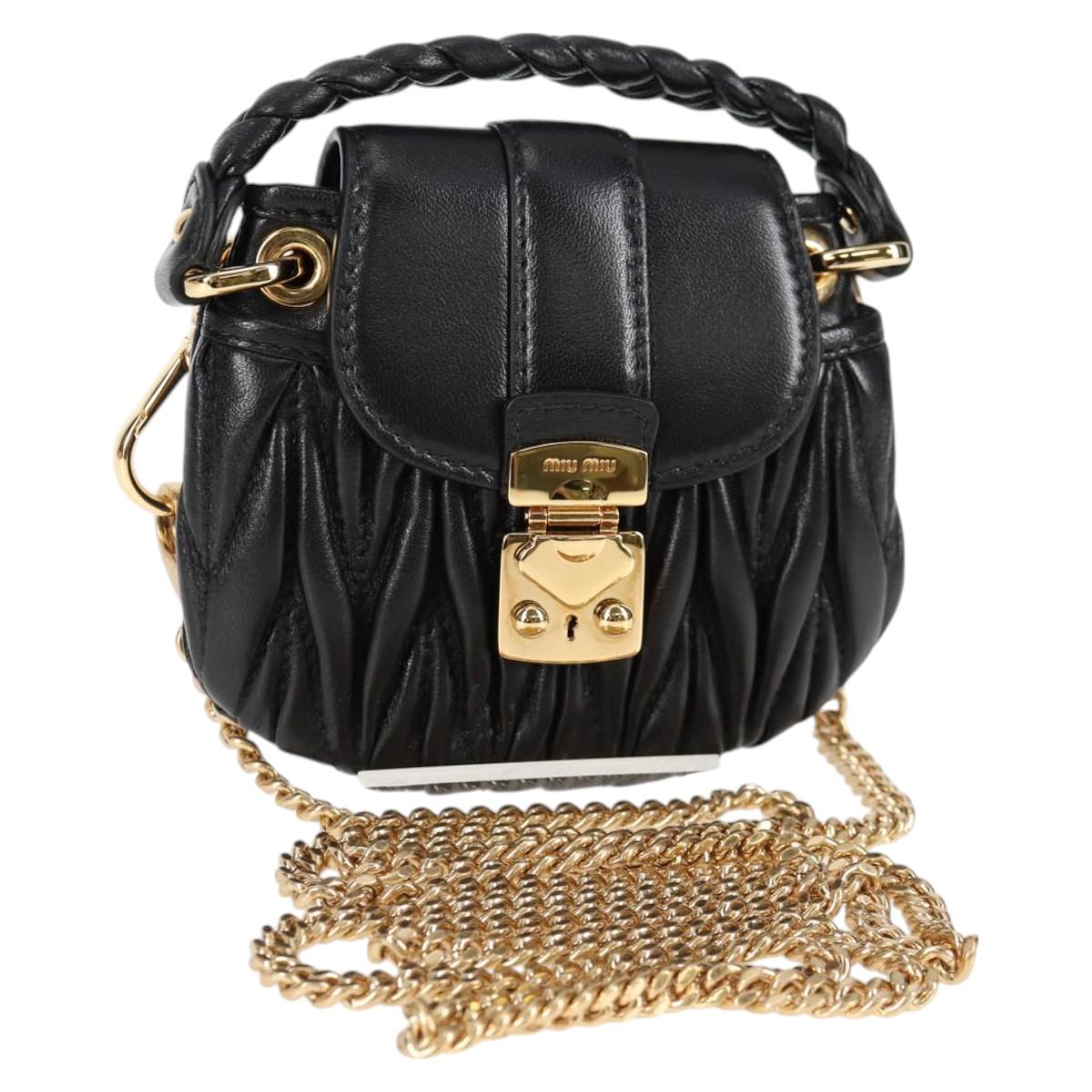 Miu Miu Matelasse Chain Pouch Shoulder Bag Leather Black Gold Auth 128140SM