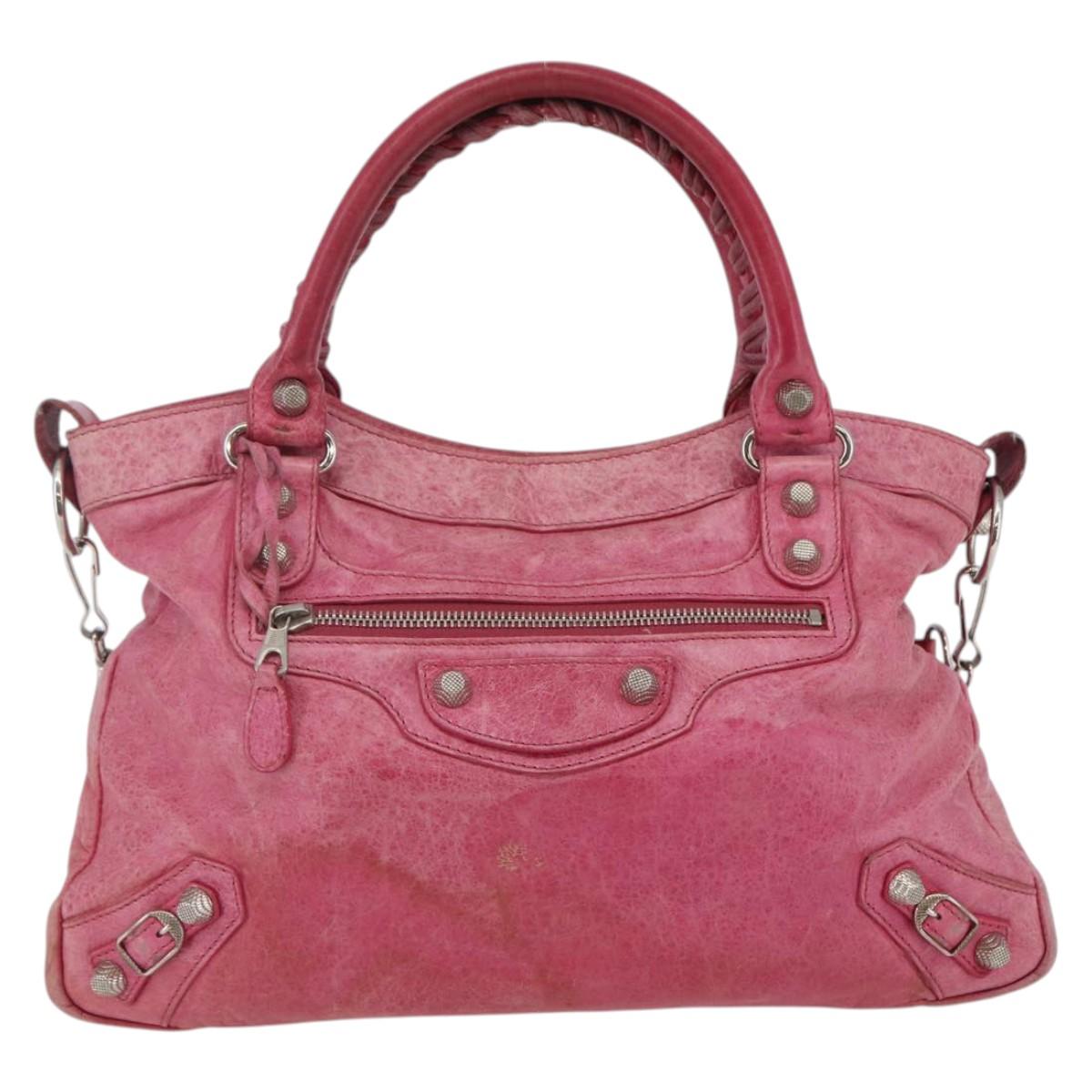 BALENCIAGA City Hand Bag Leather 2way Pink Silver 240578 Auth 128166